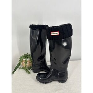 Hunter Rain Boots Womens Size 5 Black Original Tall Gloss With Knit Socks Buckle